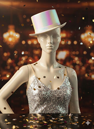 Hologramlı Beyaz Sihirbaz Modeli Silindir Şapka Parti Şapkası