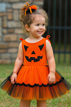 Halloween Cadılar Bayramına Özel Turuncu -Siyah Arkası Lastikli Tokalı Balkabağı Kız Kostümü