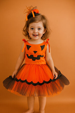 Halloween Cadılar Bayramına Özel Turuncu -Siyah Arkası Lastikli Tokalı Balkabağı Kız Kostümü