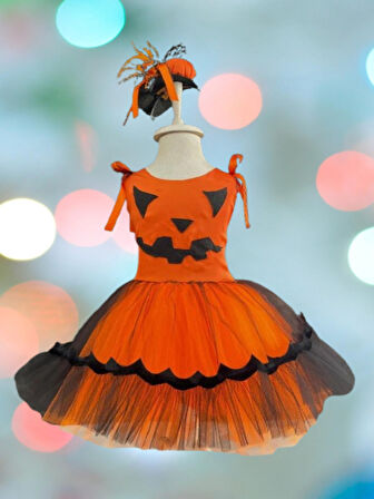 Halloween Cadılar Bayramına Özel Turuncu -Siyah Arkası Lastikli Tokalı Balkabağı Kız Kostümü