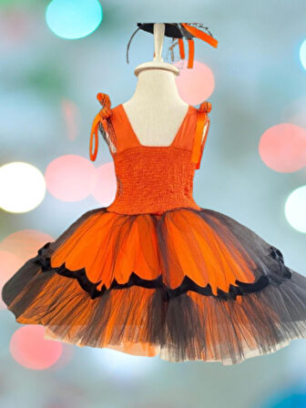 Halloween Cadılar Bayramına Özel Turuncu -Siyah Arkası Lastikli Tokalı Balkabağı Kız Kostümü