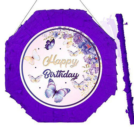 Kelebek Desenli Pinyata Mor renkli Happy Birthday yazılı  Sopalı 42 cm Doğum Günü Eğlencesi ve Parti Oyunu
