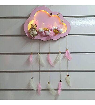Kapı Süsü Ahşap led ışıklı Bulut Süslü Pembe-Beyaz Kız-erkek bebek Kapı Süsü Bebek odası süsü