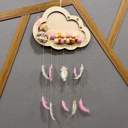 Kapı Süsü Ahşap led ışıklı Bulut Süslü Krem -Pembe Kız-erkek bebek Kapı Süsü Bebek odası süsü