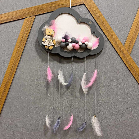 Kapı Süsü Ahşap led ışıklı Bulut Süslü Gri-Pembe Kız bebek Kapı Süsü