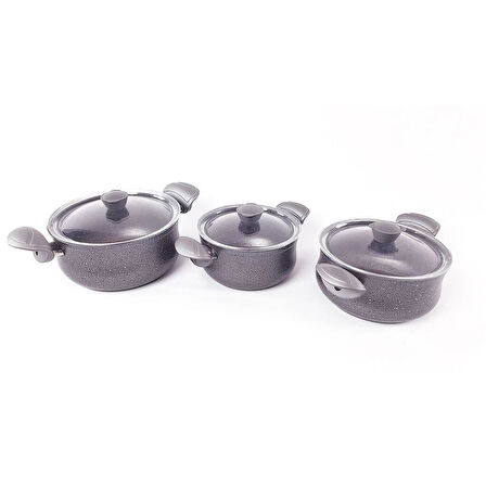 OMS Granit Güveç Set Gri Cam Kapaklı 6 Parça 3027-01 