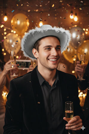 56 cm Baş Çevresi Gümüş Simli Tüylü Kovboy Şerif Şapkası – Parti ve Yılbaşı Şapkası