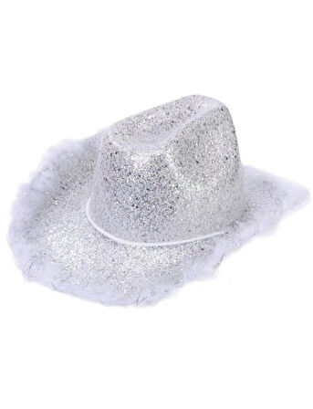 56 cm Baş Çevresi Gümüş Simli Tüylü Kovboy Şerif Şapkası – Parti ve Yılbaşı Şapkası