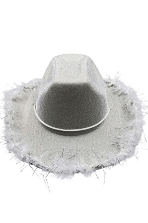 56 cm Baş Çevresi Gümüş Simli Tüylü Kovboy Şerif Şapkası – Parti ve Yılbaşı Şapkası