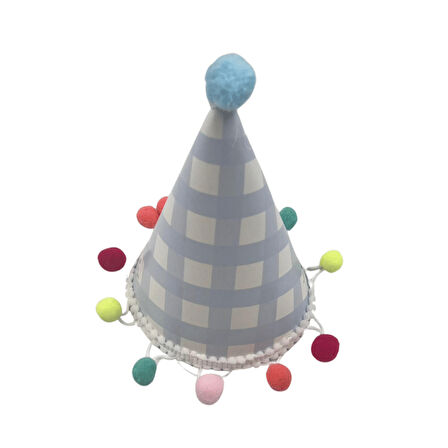 Parti Şapkası Ponponlu Ekoseli Mavi model  17cm Küçük Doğum Günü Şapkası