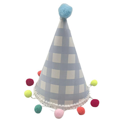 Parti Şapkası Ponponlu Ekoseli Mavi model  17cm Küçük Doğum Günü Şapkası