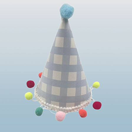 Parti Şapkası Ponponlu Ekoseli Mavi model  17cm Küçük Doğum Günü Şapkası