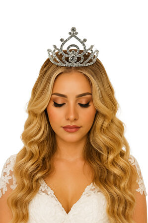 Taç Metal Taşlı Prenses İşlemeli Lüks Gümüş üstten