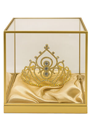 Taç Metal Taşlı Prenses İşlemeli Lüks Gold üstten