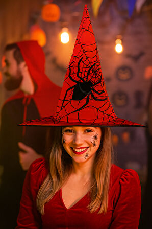Hallowen cadı şapkası Kırmızı Dev Örümcek Desenli