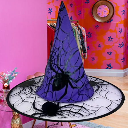 Hallowen cadı şapkası Mor DevÖrümcek Desenli
