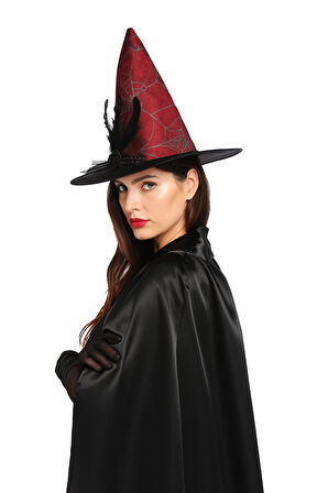 Hallowen Cadı Şapkası Çiçekli Tüylü Model Kırmızı Renkli Cadılar Bayramı Şapkası