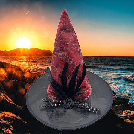 Hallowen Cadı Şapkası Çiçekli Tüylü Model Kırmızı Renkli Cadılar Bayramı Şapkası