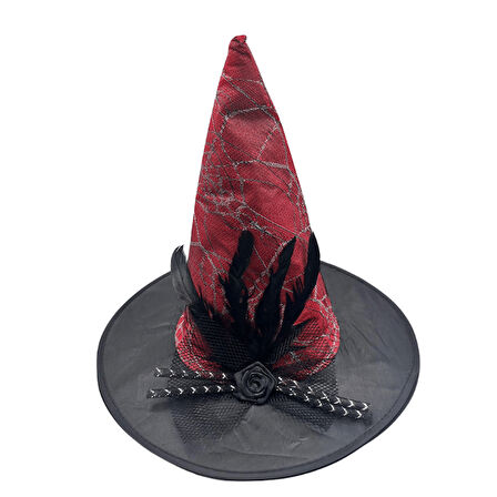 Hallowen Cadı Şapkası Çiçekli Tüylü Model Kırmızı Renkli Cadılar Bayramı Şapkası