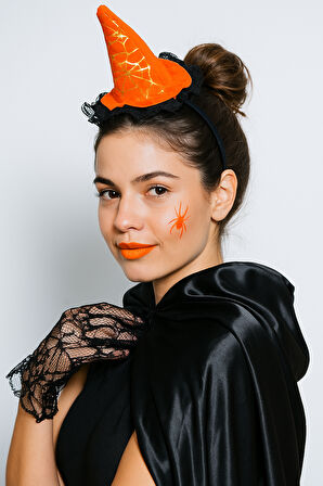 Halloween Cadılar Bayramı Taç  Mini Cadı Şapkası Şeklinde Tüllü Turuncu-Siyah  Varaklı Örümcek Ağı Desenli    