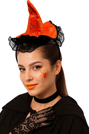 Halloween Cadılar Bayramı Taç  Mini Cadı Şapkası Şeklinde Tüllü Turuncu-Siyah  Varaklı Örümcek Ağı Desenli    