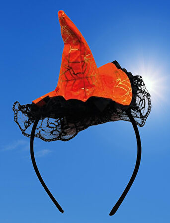 Halloween Cadılar Bayramı Taç  Mini Cadı Şapkası Şeklinde Tüllü Turuncu-Siyah  Varaklı Örümcek Ağı Desenli    