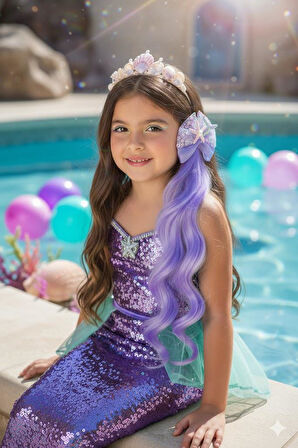 Peruk Saç Tokalı Uzun Deniz Kızı Modeli Pullu Mor-Lila Çıtçıtlı Toka 38cm