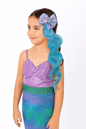 Peruk Saç Tokalı Uzun Deniz Kızı Modeli Pullu Turkuaz Mavi Çıtçıtlı Toka 38cm