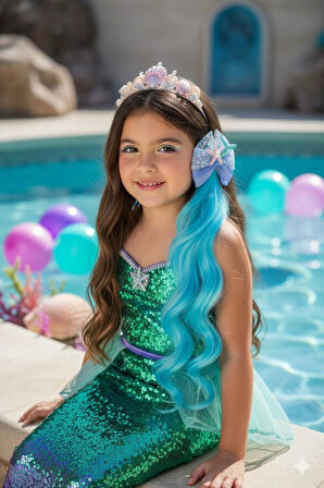 Peruk Saç Tokalı Uzun Deniz Kızı Modeli Pullu Turkuaz Mavi Çıtçıtlı Toka 38cm