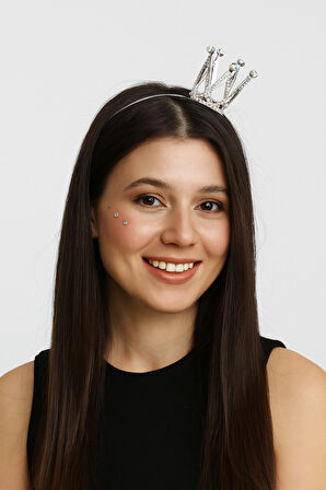 Metal Taç Taşlı Mini Taçlı Gümüş Renkli Lüks Zarif Parti Tacı             