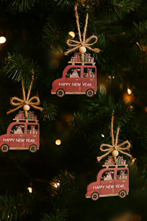 Happy New Year Araba Desenli 3'lü Ahşap MDF Ağaç Süsü – Boncuklu Jüt İpli
