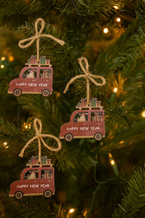 Happy New Year Araba Desenli 3'lü Ahşap MDF Ağaç Süsü – Boncuklu Jüt İpli