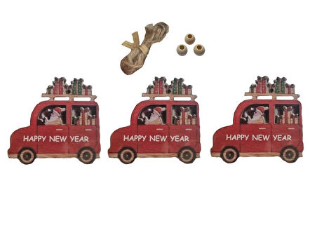 Happy New Year Araba Desenli 3'lü Ahşap MDF Ağaç Süsü – Boncuklu Jüt İpli
