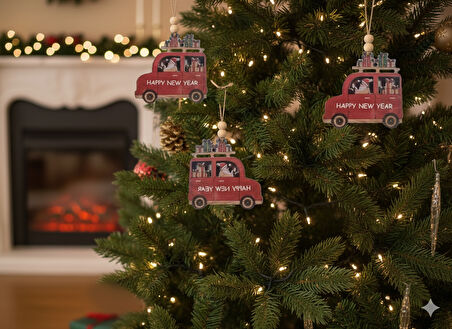 Happy New Year Araba Desenli 3'lü Ahşap MDF Ağaç Süsü – Boncuklu Jüt İpli