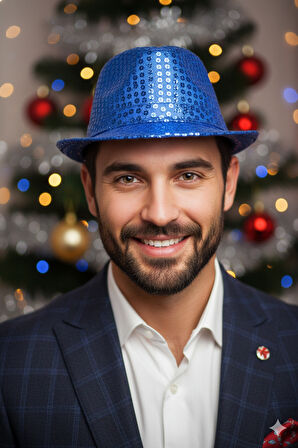 Pullu Lüks Lacivert Saks Mavi Fotr Yılbaşı Şapkası – Parti ve Konsept Aksesuarı