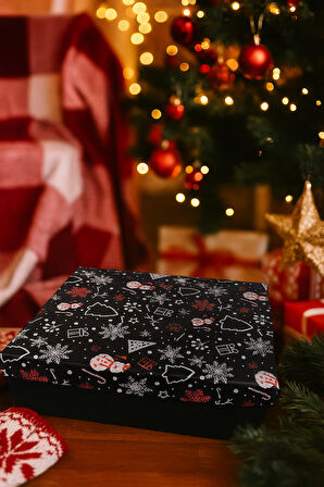21×28,5×11 cm Siyah Simli Kış Temalı Dikdörtgen Lüks Yılbaşı Hediyelik Karton Kutu