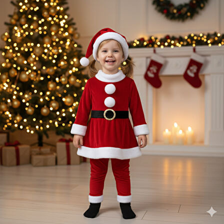 2–3 Yaş Kız Çocuk Noel Baba Kostümü – Şapkalı ve Kemerli Yılbaşı Elbise Seti