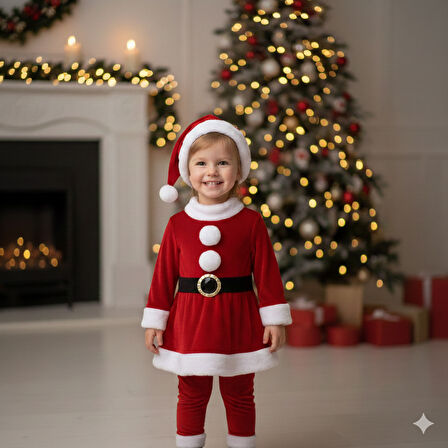 2–3 Yaş Kız Çocuk Noel Baba Kostümü – Şapkalı ve Kemerli Yılbaşı Elbise Seti