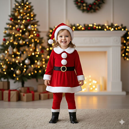 2–3 Yaş Kız Çocuk Noel Baba Kostümü – Şapkalı ve Kemerli Yılbaşı Elbise Seti