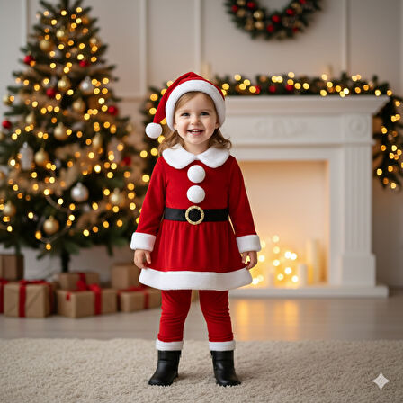 1–2 Yaş Kız Çocuk Noel Baba Kostümü – Şapkalı ve Kemerli Yılbaşı Elbise Seti