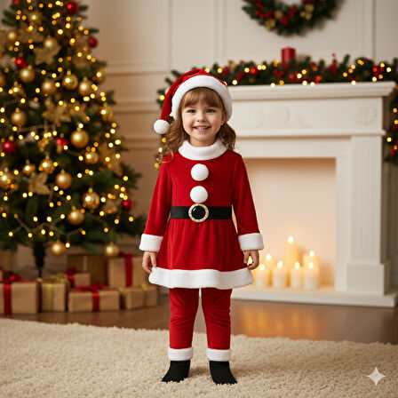 3–4 Yaş Kız Çocuk Noel Baba Kostümü – Şapkalı ve Kemerli Yılbaşı Elbise Seti