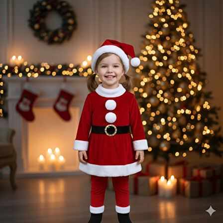 3–4 Yaş Kız Çocuk Noel Baba Kostümü – Şapkalı ve Kemerli Yılbaşı Elbise Seti