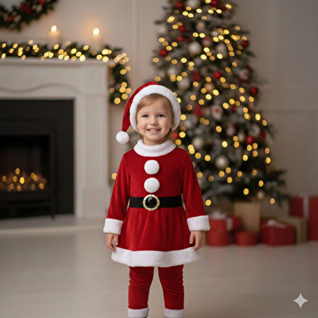 3–4 Yaş Kız Çocuk Noel Baba Kostümü – Şapkalı ve Kemerli Yılbaşı Elbise Seti