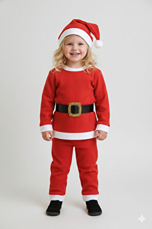 3–4 Yaş Çocuk Noel Baba Kostümü – Şapkalı ve Kemerli Yılbaşı Elbise Seti