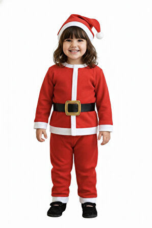 3–4 Yaş Çocuk Noel Baba Kostümü – Şapkalı ve Kemerli Yılbaşı Elbise Seti