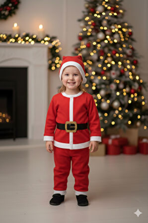 3–4 Yaş Çocuk Noel Baba Kostümü – Şapkalı ve Kemerli Yılbaşı Elbise Seti