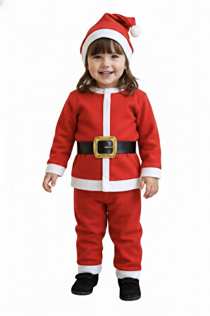 2–3 Yaş Çocuk Noel Baba Kostümü – Şapkalı ve Kemerli Yılbaşı Elbise Seti