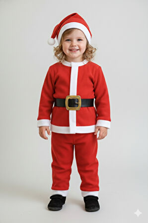2–3 Yaş Çocuk Noel Baba Kostümü – Şapkalı ve Kemerli Yılbaşı Elbise Seti