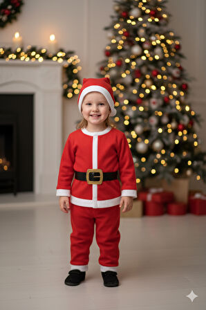 2–3 Yaş Çocuk Noel Baba Kostümü – Şapkalı ve Kemerli Yılbaşı Elbise Seti