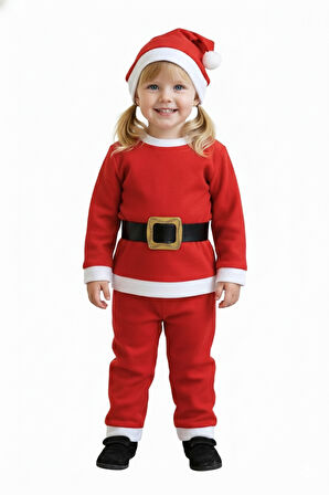4–5 Yaş Çocuk Noel Baba Kostümü – Şapkalı ve Kemerli Yılbaşı Elbise Seti